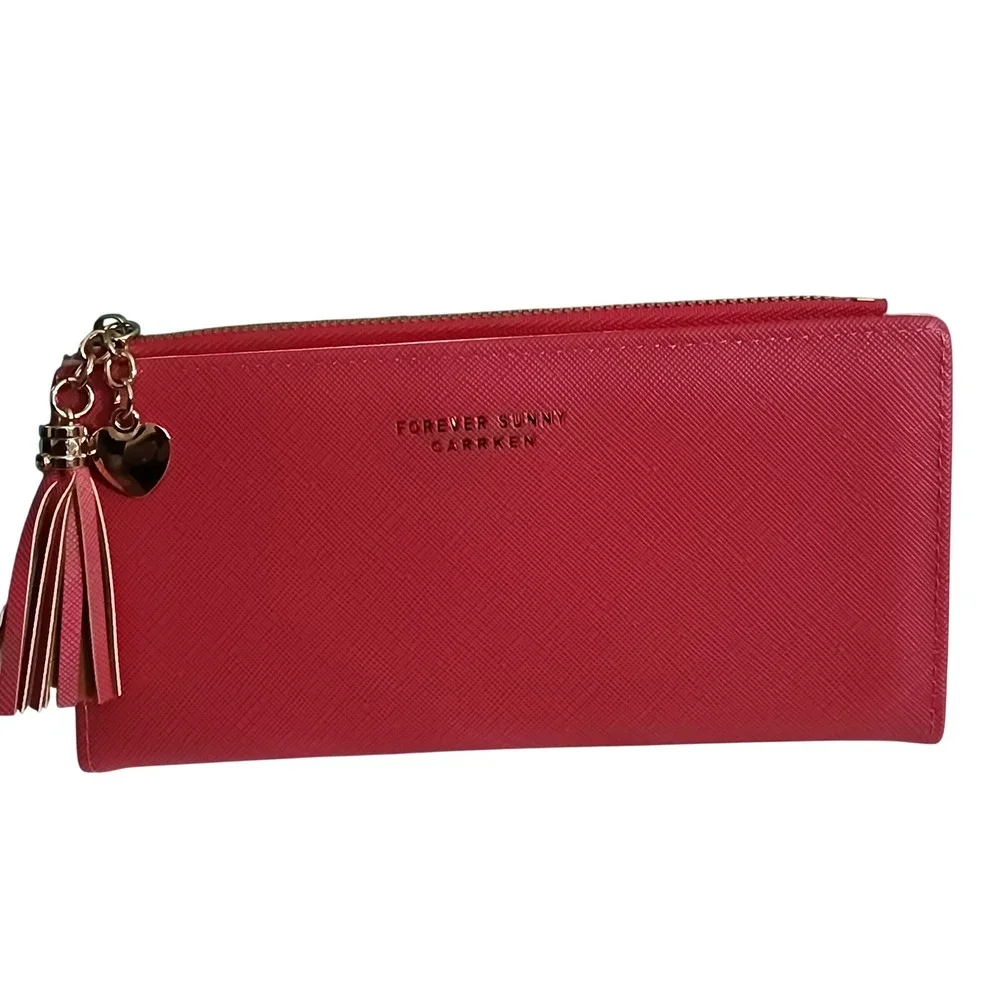 Forever Sunny Carrken DARK PINK Textured Slim Bifold Wallet with Heart Tassel